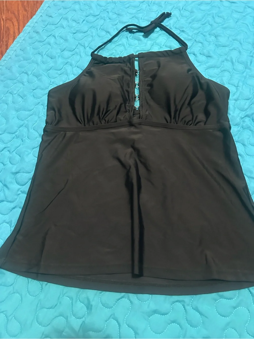 Amazon Black Halter Tankini Top with Blue & Teal Tropical Swim Shorts
